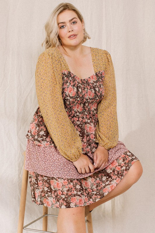 Mixed Floral Print Tiered Dress