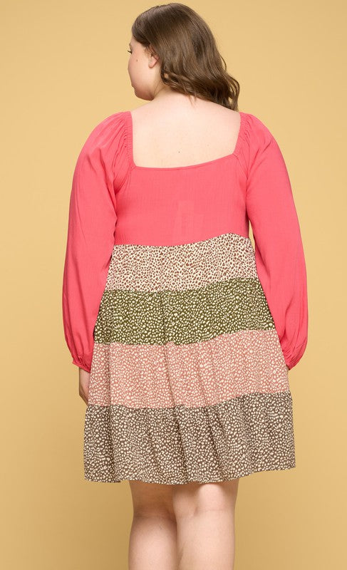Animal Color Block Ruffle Tiered Dress