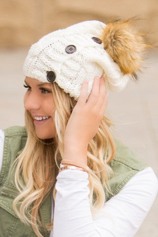 Oversize Button Pom Beanie
