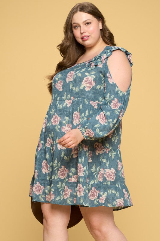 Jade Floral Cold-shoulder Babydoll Dress