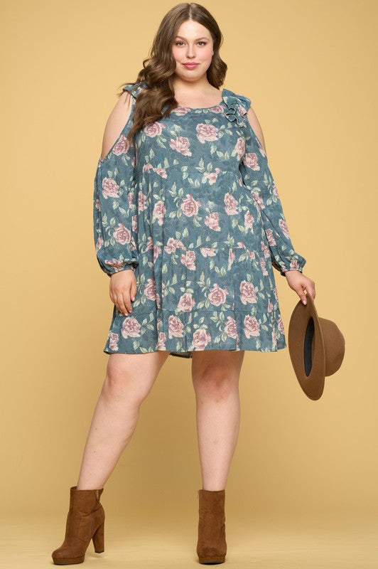 Jade Floral Cold-shoulder Babydoll Dress