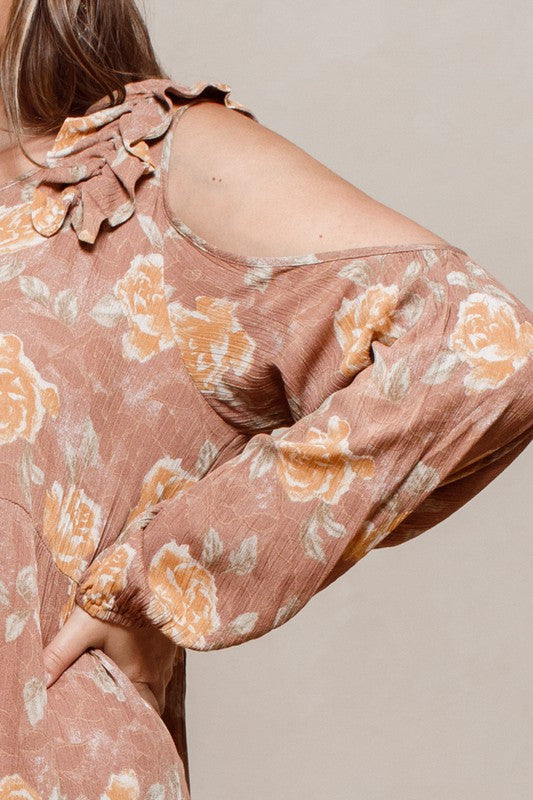 Clay Floral Cold-shoulder Babydoll Dress