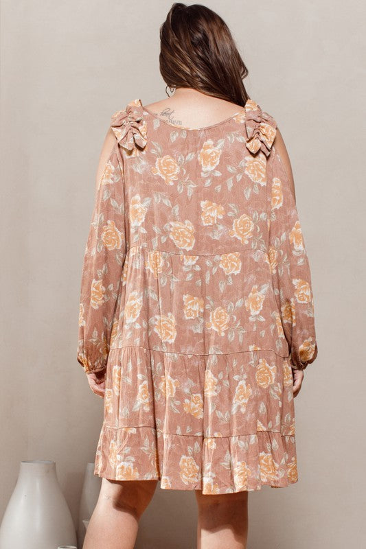 Clay Floral Cold-shoulder Babydoll Dress