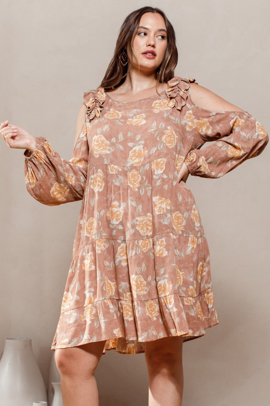 Clay Floral Cold-shoulder Babydoll Dress
