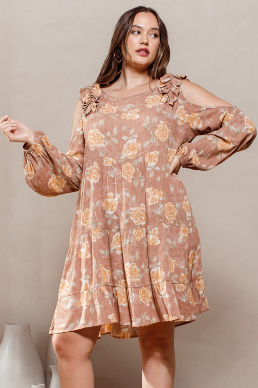 Clay Floral Cold-shoulder Babydoll Dress