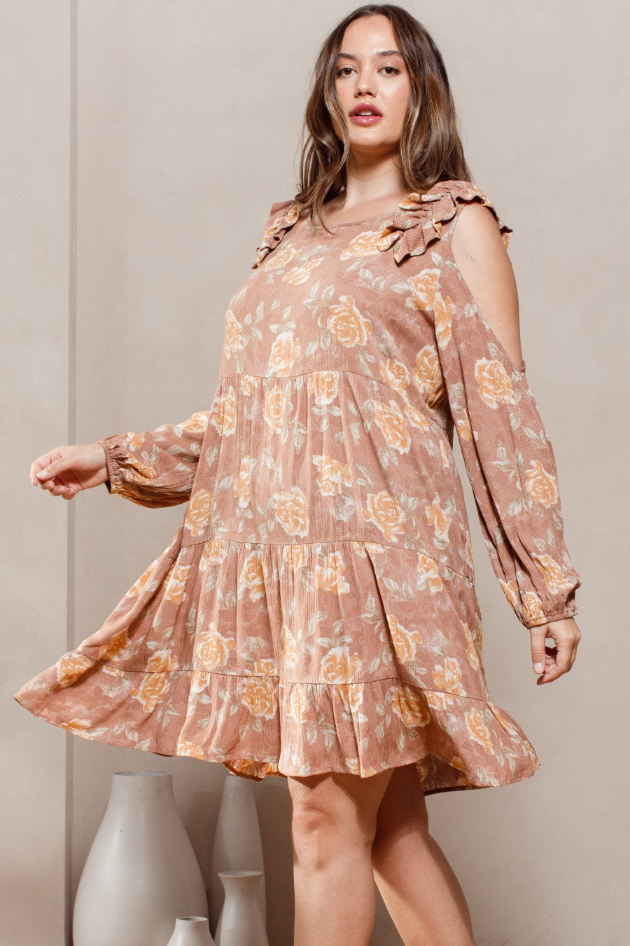 Clay Floral Cold-shoulder Babydoll Dress