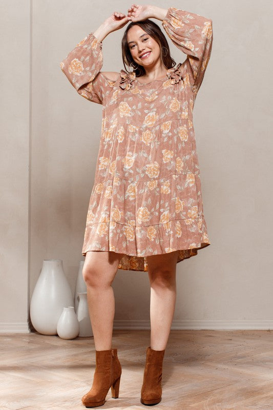 Clay Floral Cold-shoulder Babydoll Dress