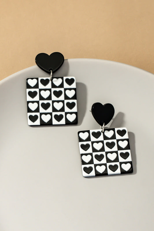 Black & White Checker Square Drop Earrings