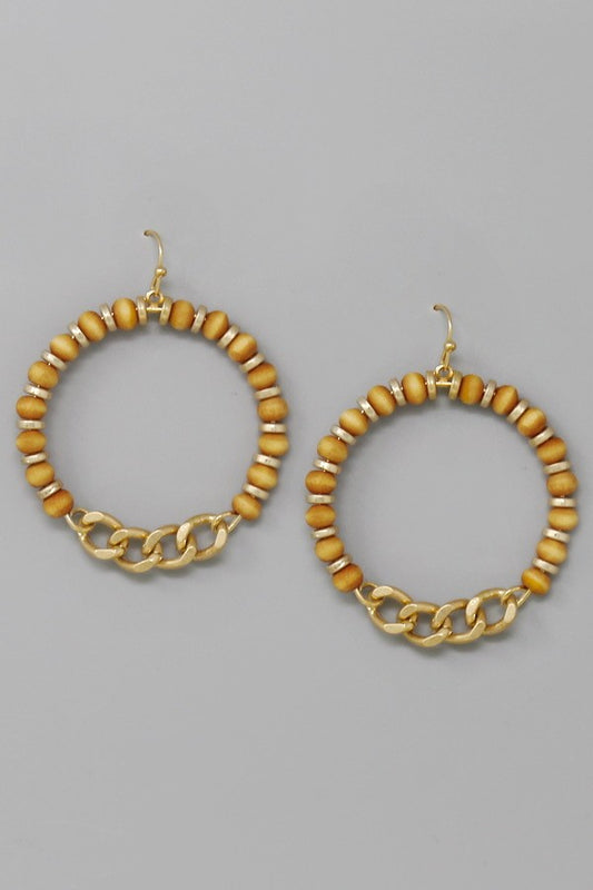 Wood Beaded Hoop Drop Earrings