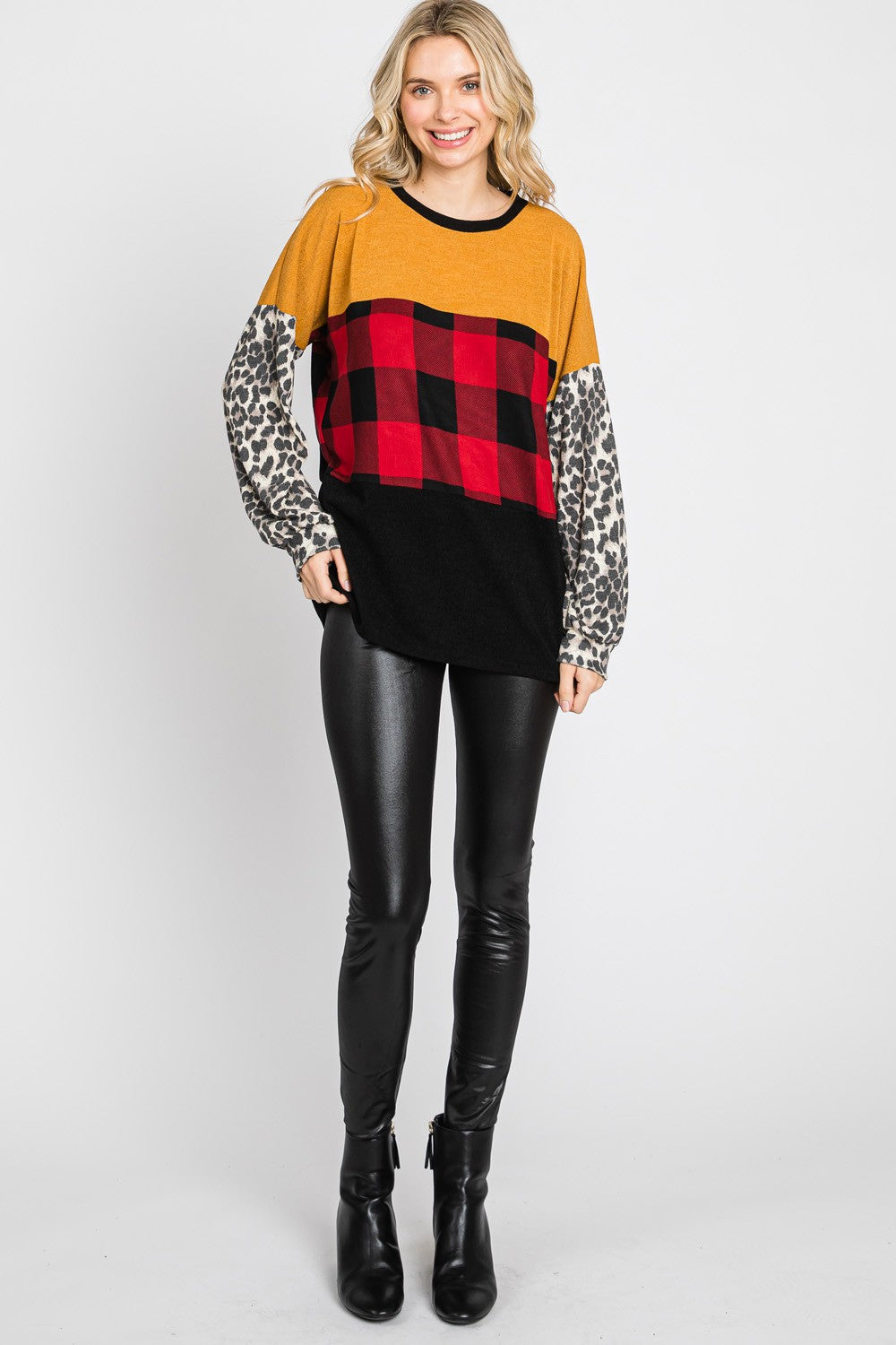 Mustard Plaid & Leopard Puff Sleeve Top