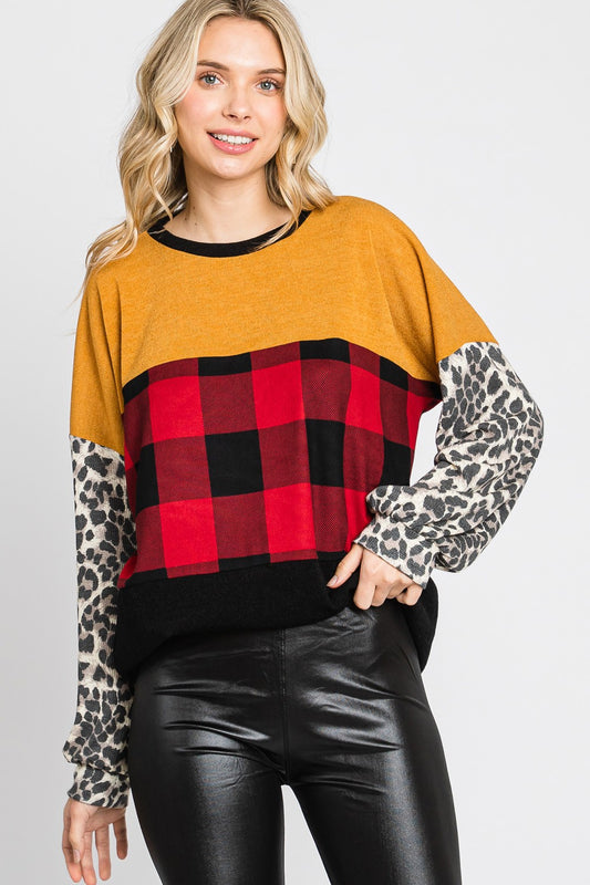 Mustard Plaid & Leopard Puff Sleeve Top