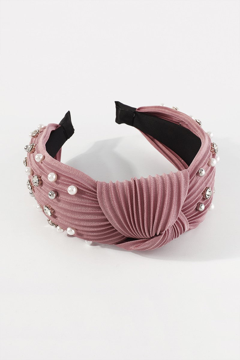 Pleated Fabric Crystal & Pearl Knotted Headband