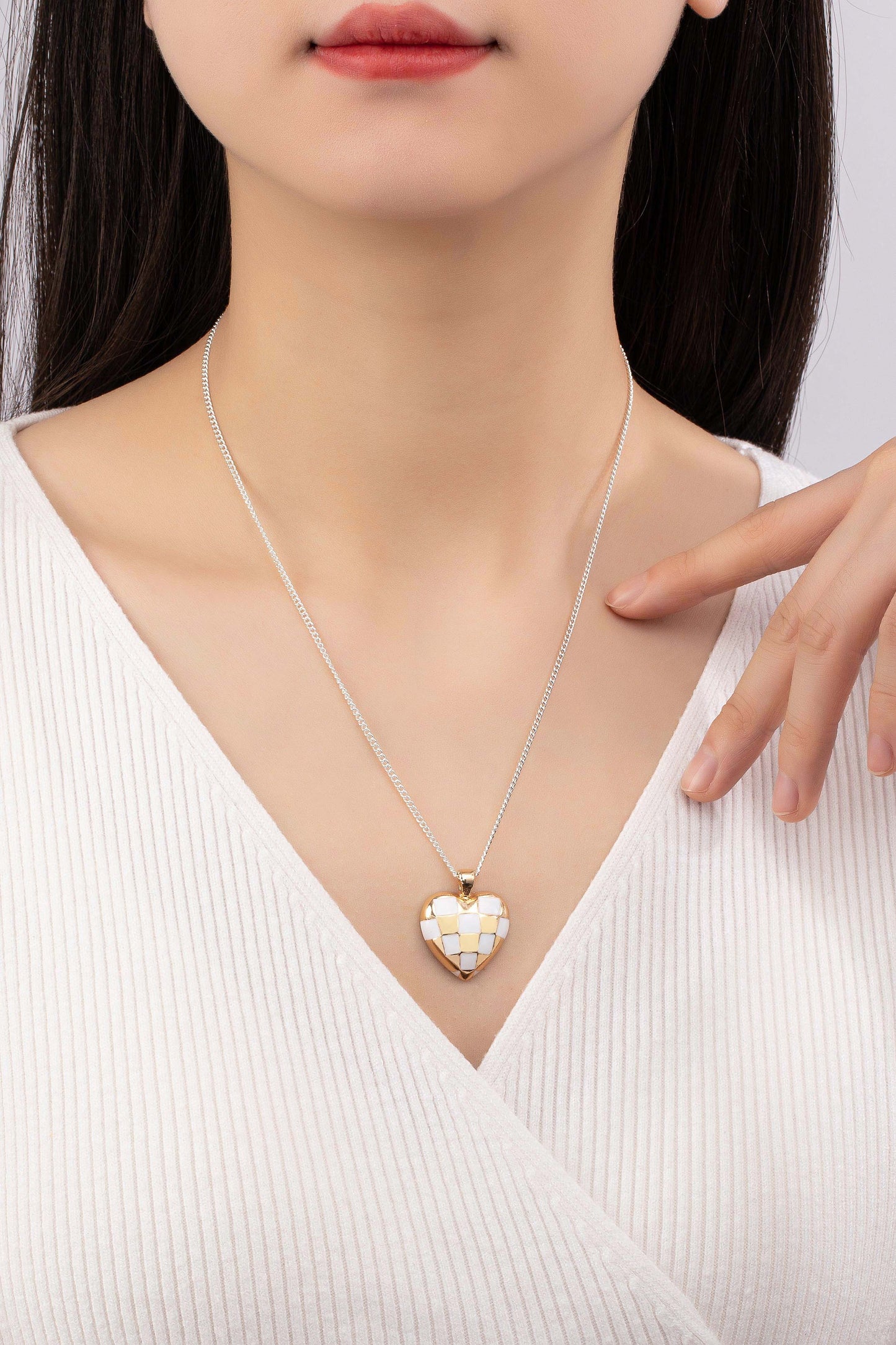 Two Tone Checker Heart Necklace