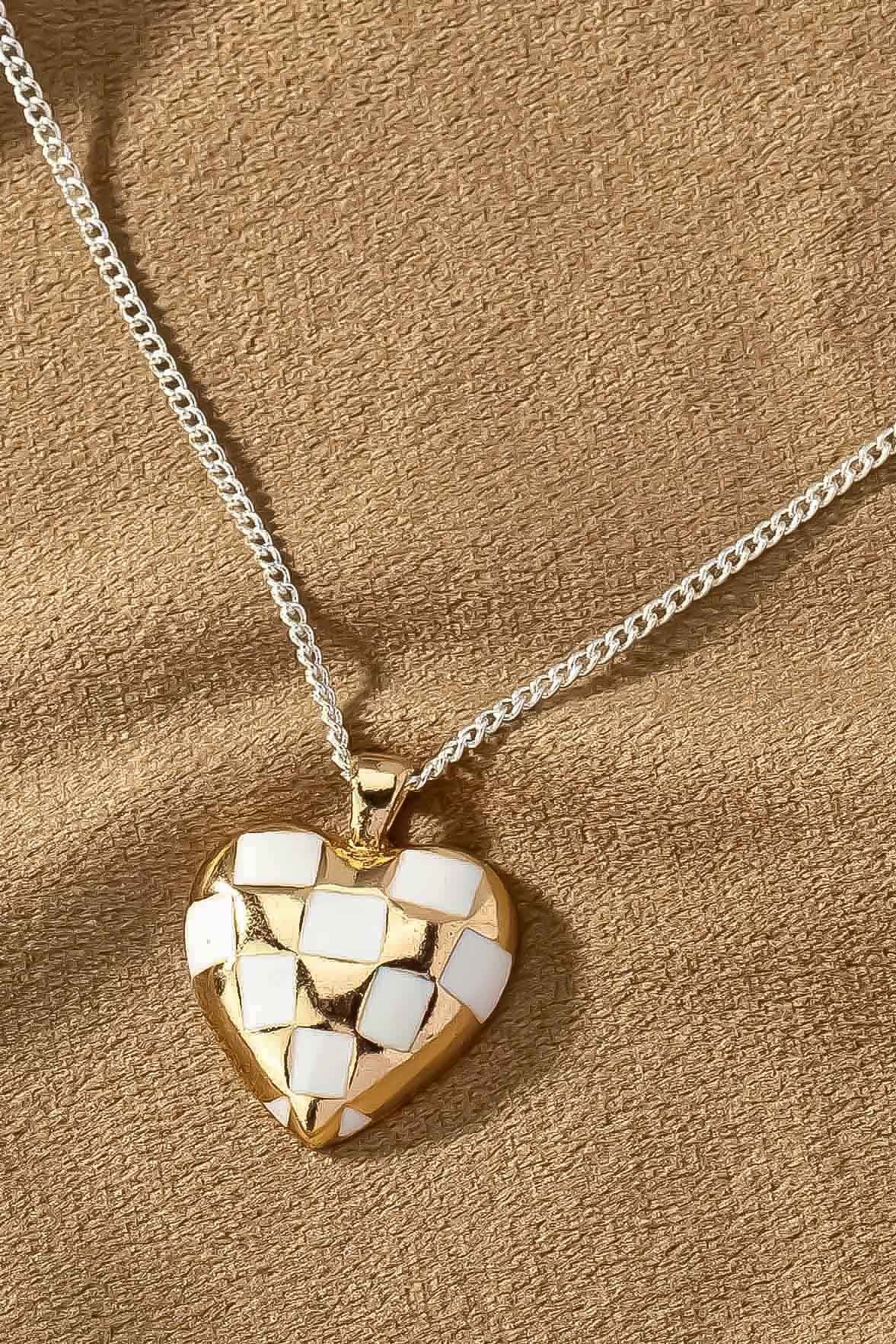 Two Tone Checker Heart Necklace