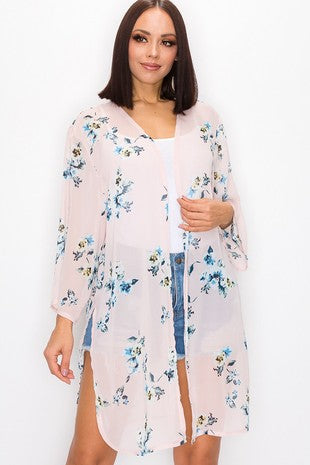 WOMEN FLORAL PRINT SIDE SLIT KIMONO