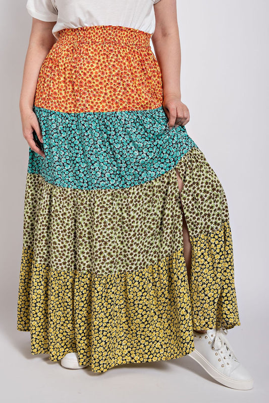 Floral Color Block Skirt