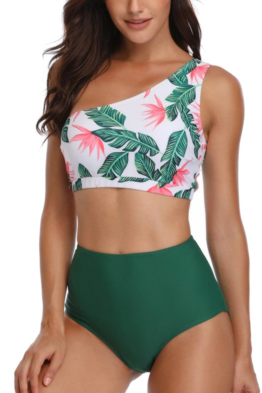 Two Pieces One Shoulder Printed Swimsuit