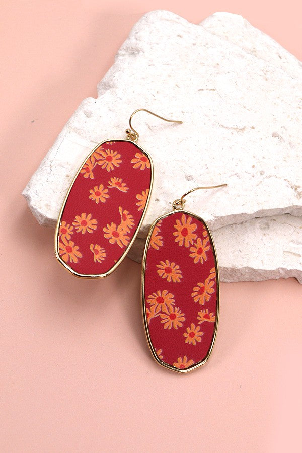 Faux Leather Embossed Flower Drop Earrings