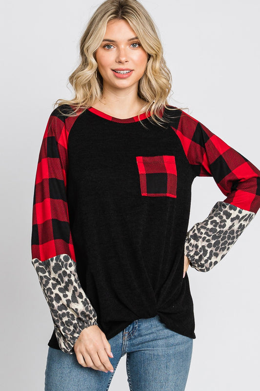 Plaid & Leopard Print Color Block Top