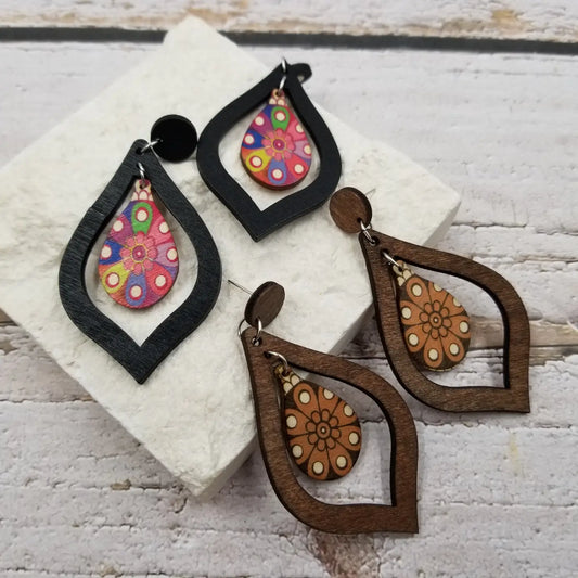 Wood Flower Drop Earrings