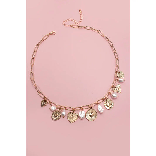 Charm Necklace Heart Pearl Coin Charms