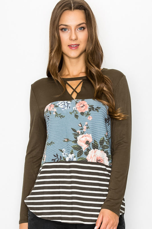 Front Keyhole Floral Striped Top