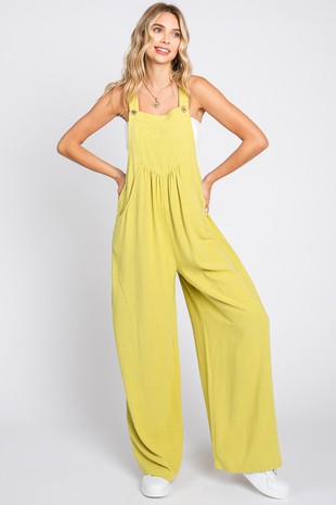 Plus Solid Button Sling Wide-leg Overall Jumpsuit