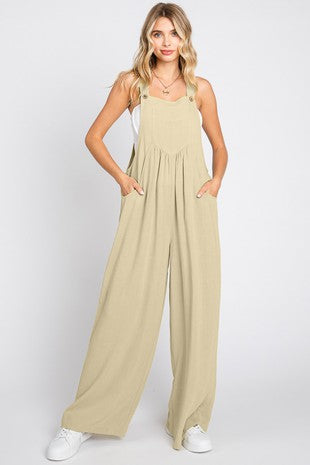 Plus Solid Button Sling Wide-leg Overall Jumpsuit
