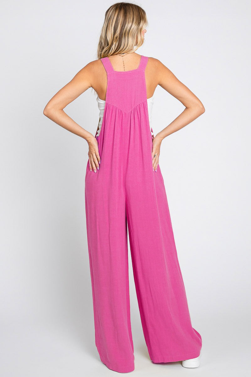 Plus Solid Button Sling Wide-leg Overall Jumpsuit