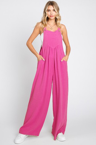 Plus Solid Button Sling Wide-leg Overall Jumpsuit