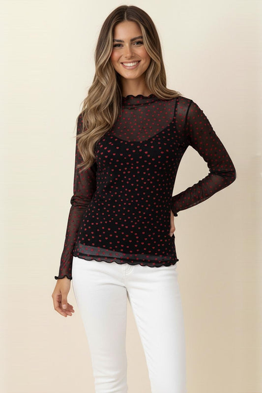 Heart Print Mesh Long Sleeve Semi Sheer Top