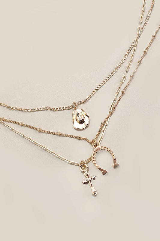 Trio Horseshoe Hat Cross Charm Necklace