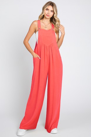 Plus Solid Button Sling Wide-leg Overall Jumpsuit