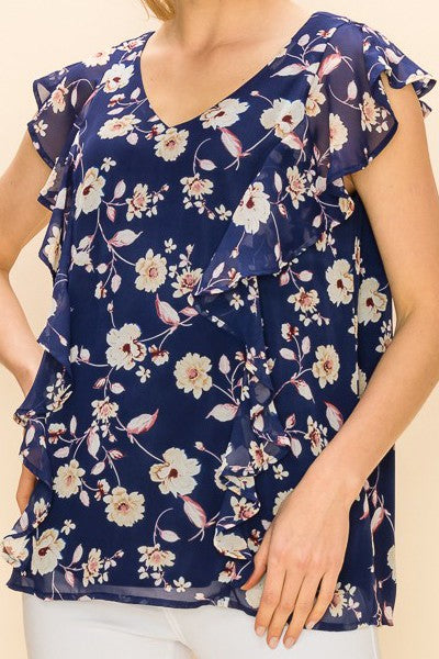 Floral Print V Neck Ruffle Top