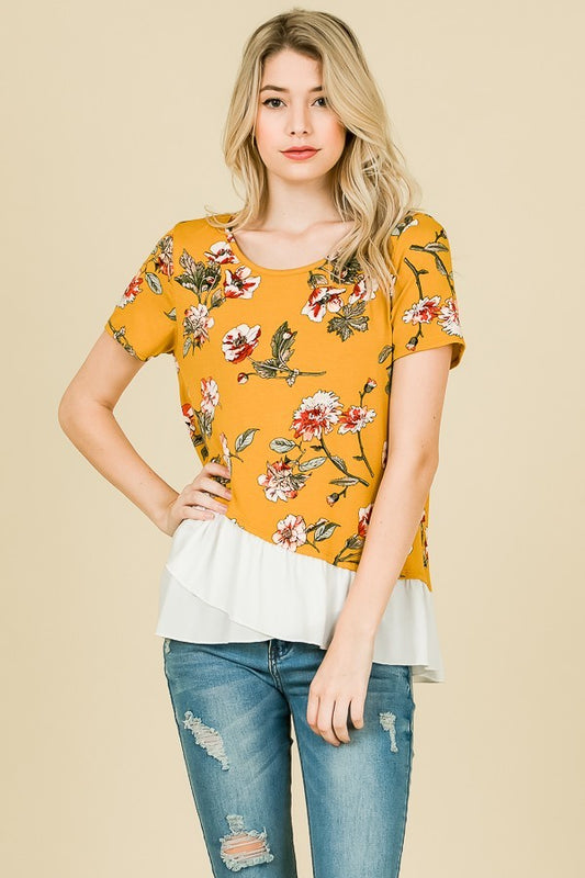 Floral Cap Sleeve Ruffle Detail Top