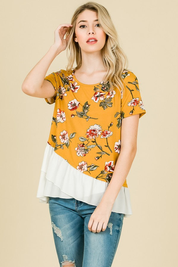Floral Cap Sleeve Ruffle Detail Top