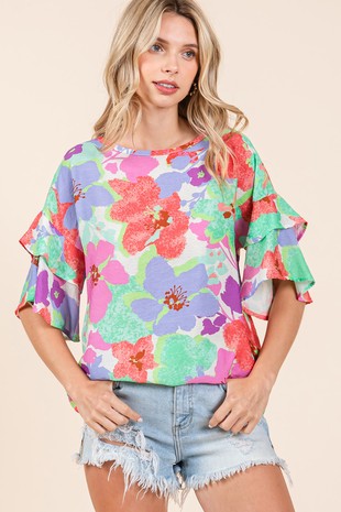 Floral Print Double Sleeve Tunic