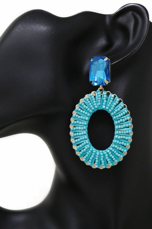 Seed Bead & Raffia Wrapped Oval Hoop Earrings