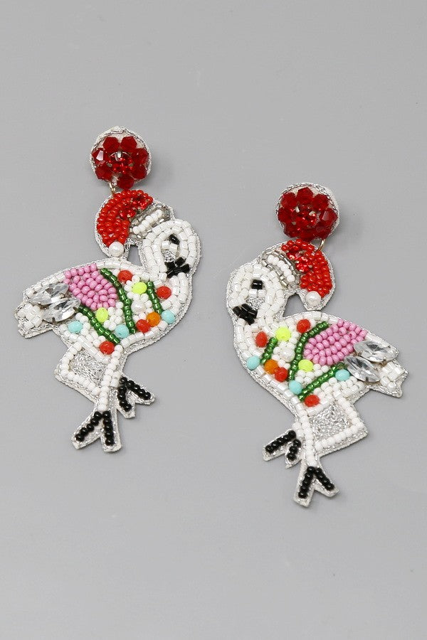 Christmas Flamingo Seed Beaded Earrings