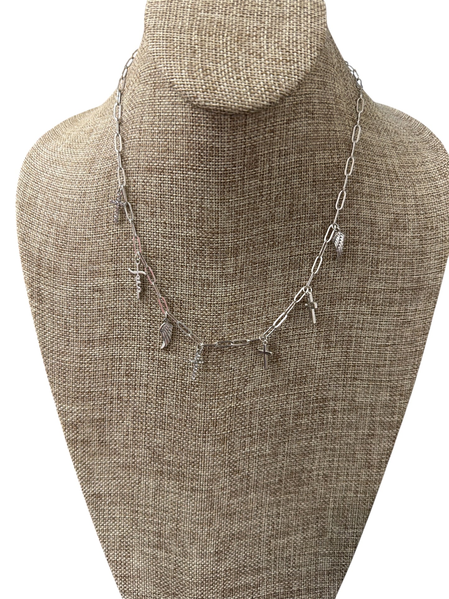 Silver Cross and Angel Wing Charm Necklace