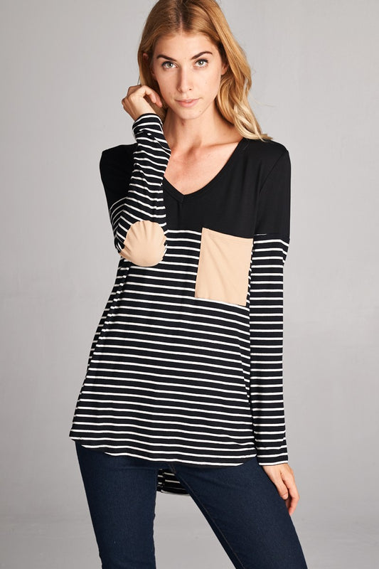 Stripe Panel Pocket Elbow Patch Top