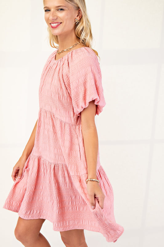 Textured Loose Fit Dress With Bow Tie