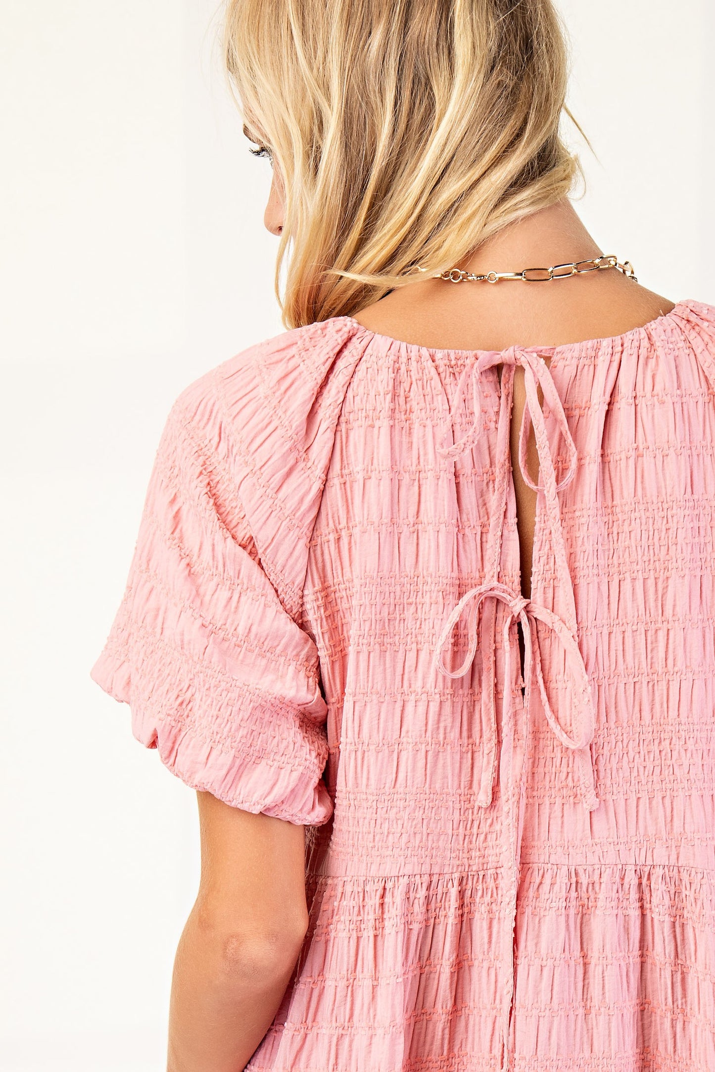 Textured Loose Fit Dress With Bow Tie