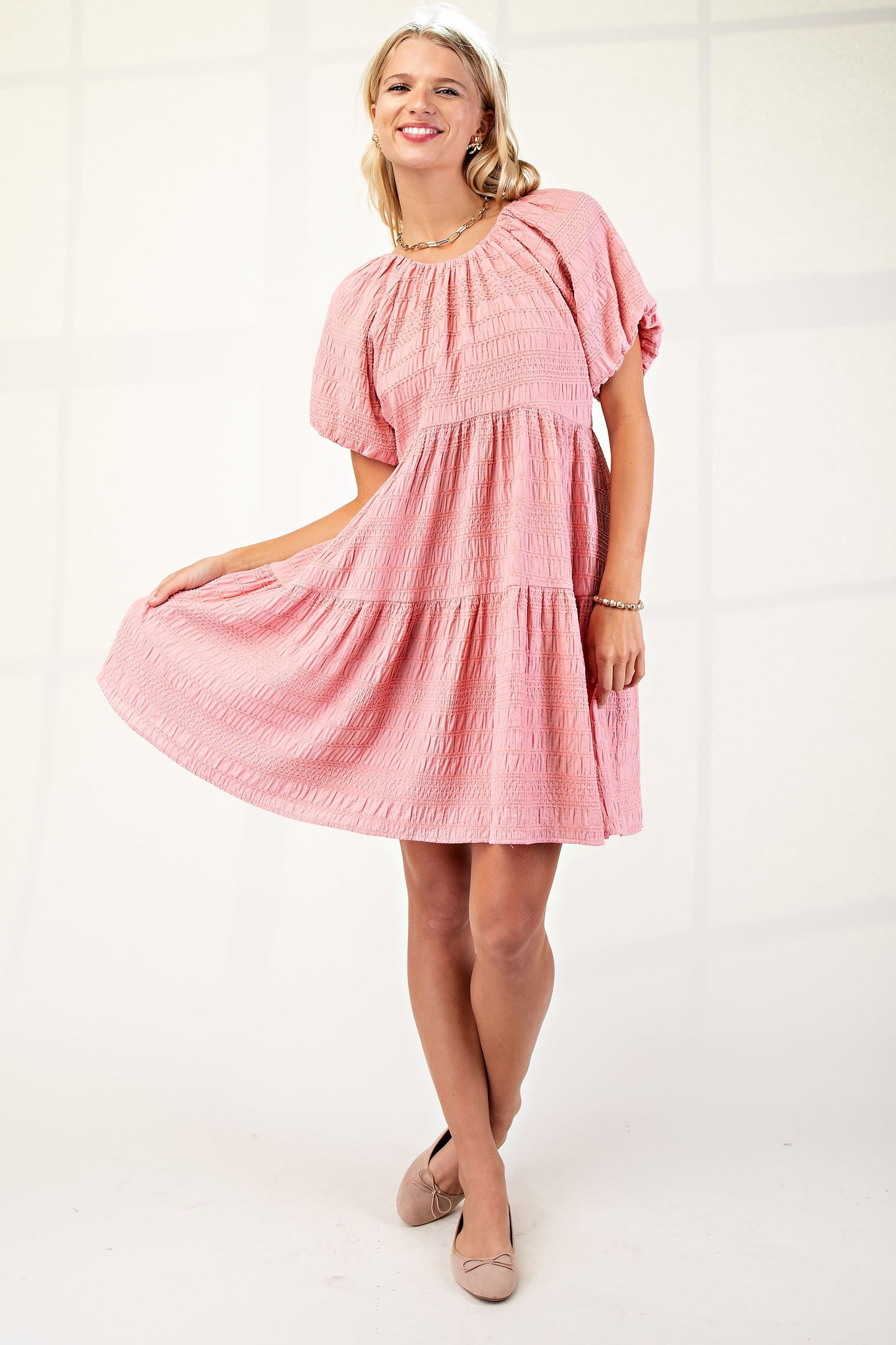 Textured Loose Fit Dress With Bow Tie