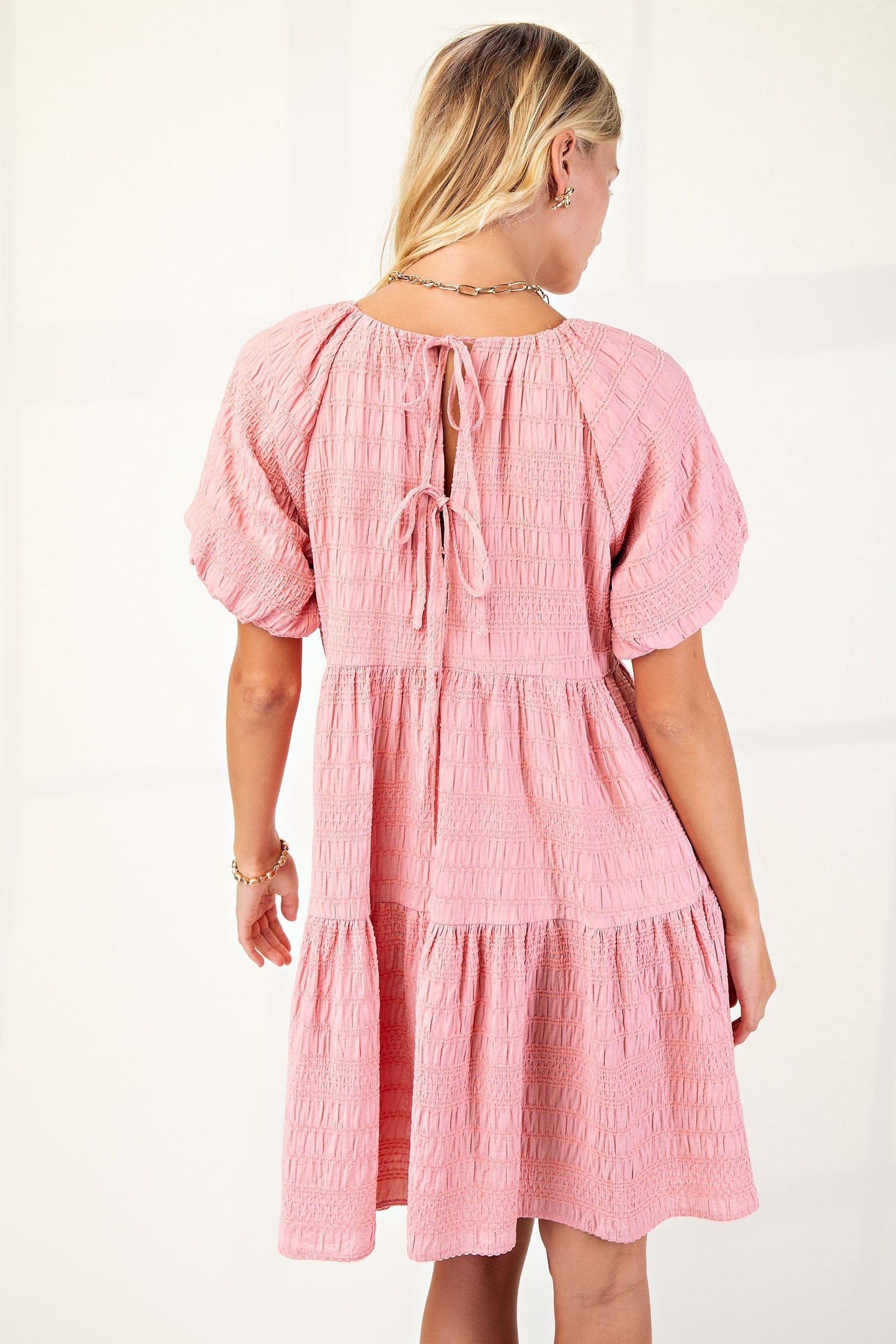 Textured Loose Fit Dress With Bow Tie