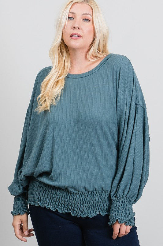 Knit Raw Edge Detail Smocking Top - Teal