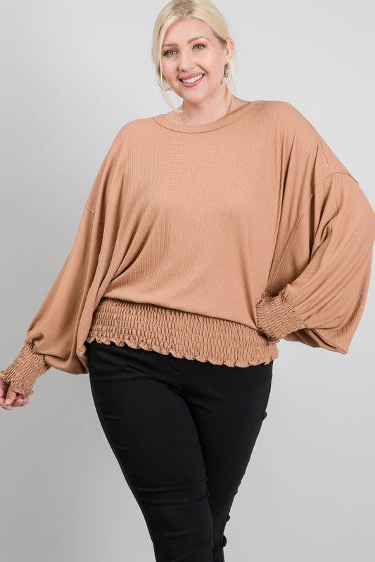 Knit Raw Edge Smocking Top - Mocha