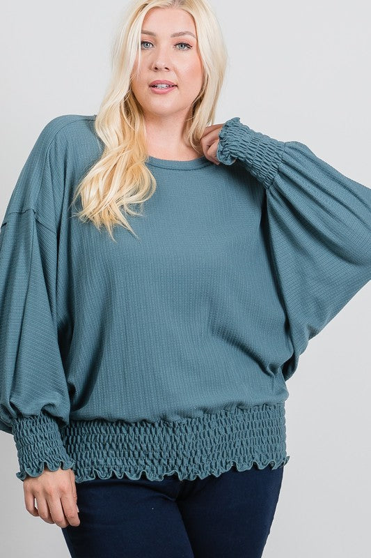 Knit Raw Edge Detail Smocking Top - Teal