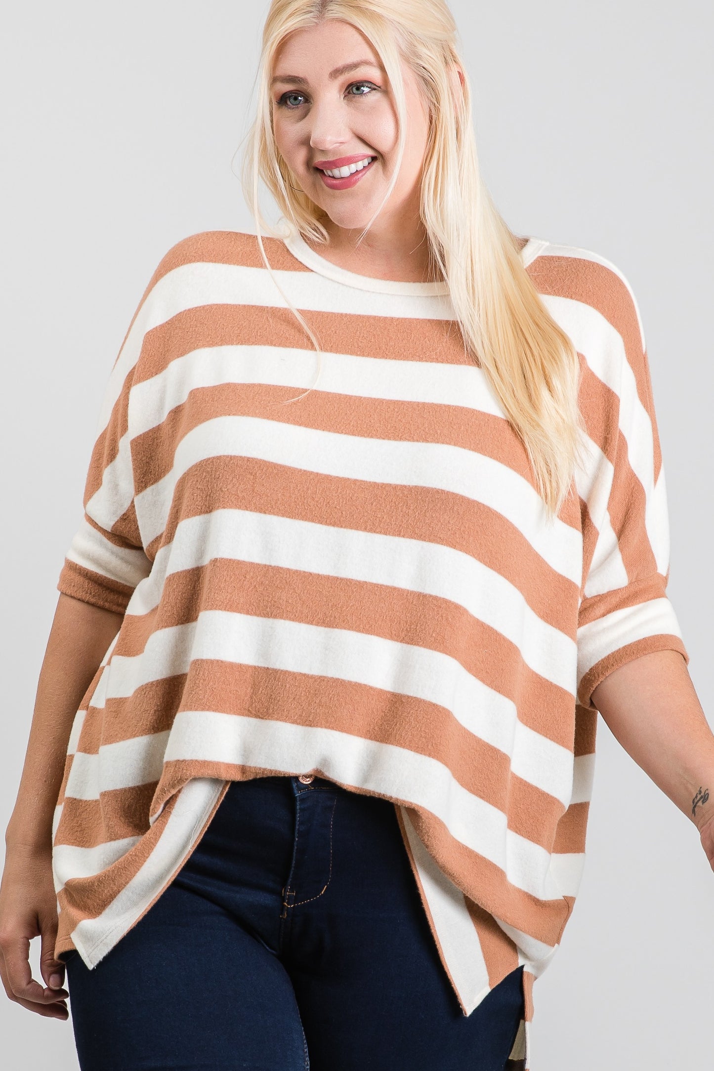 Boxy Fit Striped Hacci Quarter Sleeve Top
