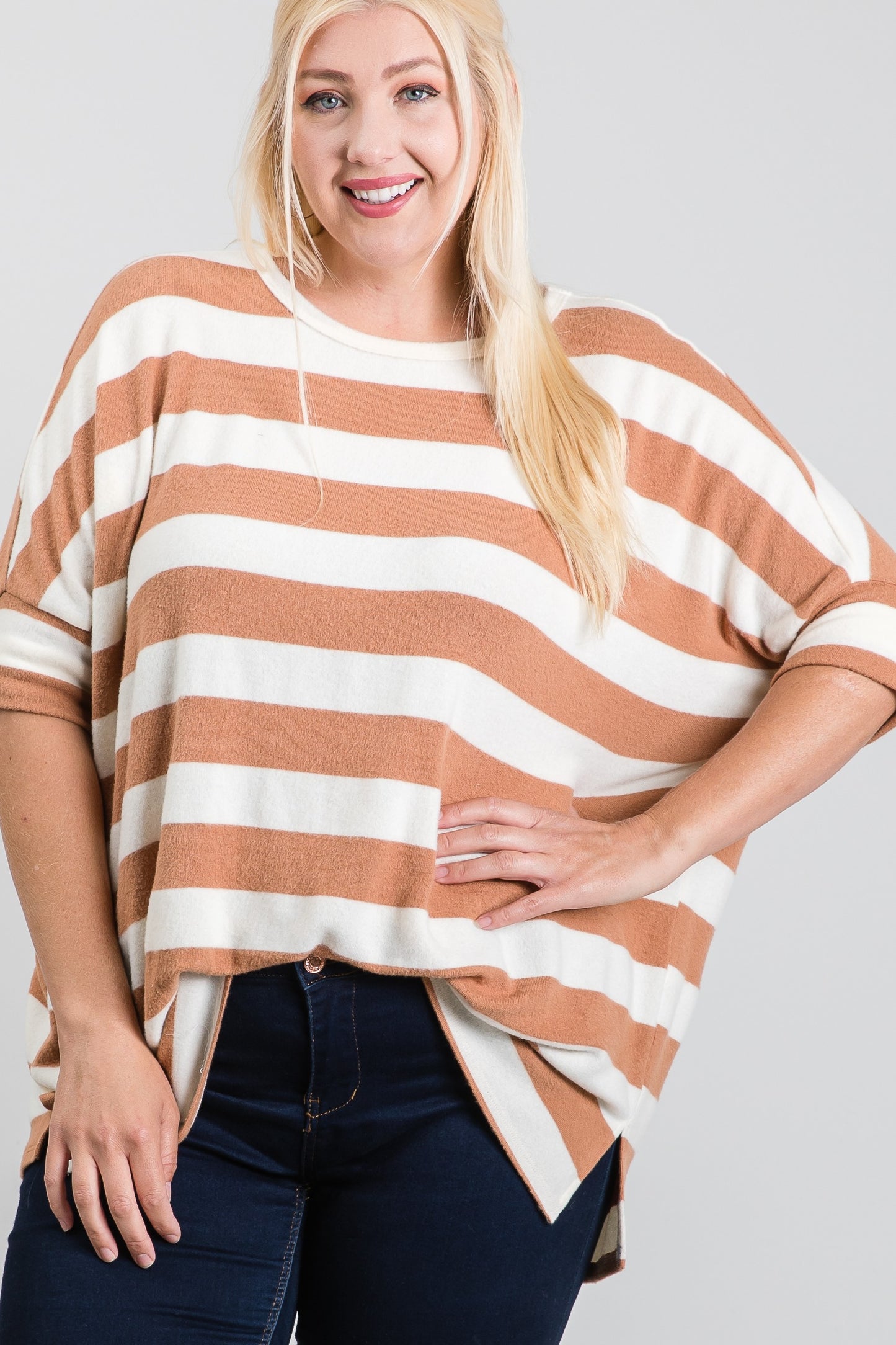 Boxy Fit Striped Hacci Quarter Sleeve Top